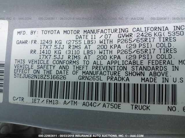 5TEJU62N18Z516626 - 2008 TOYOTA TACOMA DOUBLE CAB PRERUNNER SILVER photo 9