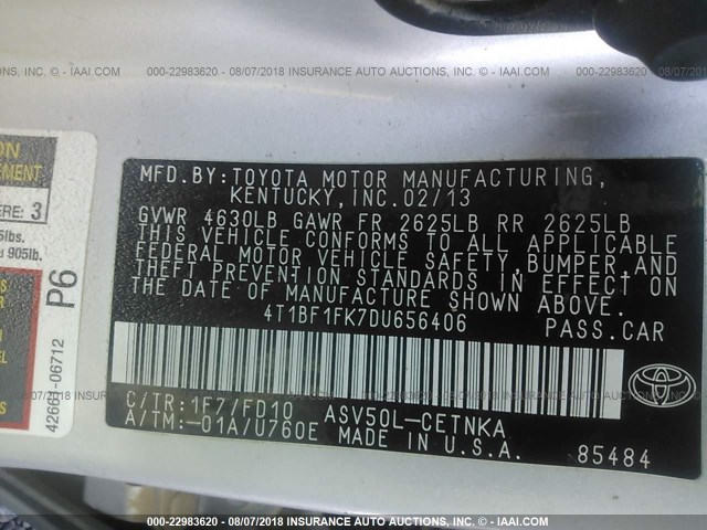 4T1BF1FK7DU656406 - 2013 TOYOTA CAMRY L/SE/LE/XLE ვერცხლისფერი ფოტო 9