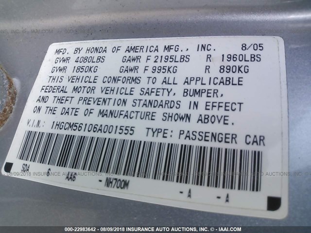 1HGCM56106A001555 - 2006 HONDA ACCORD VALUE SILVER photo 9