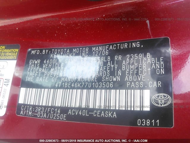 4T1BE46K77U103506 - 2007 TOYOTA CAMRY NEW GENERAT CE/LE/XLE/SE RED photo 9