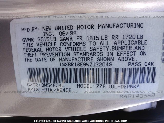 1NXBR18E9WZ122048 - 1998 TOYOTA COROLLA VE/CE/LE 棕色 照片 9