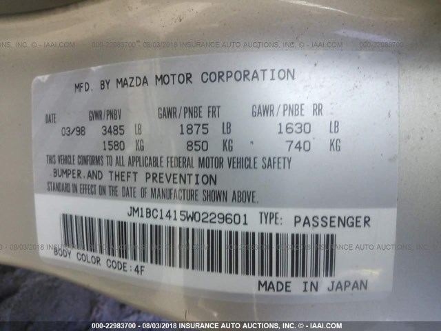 JM1BC1415W0229601 - 1998 MAZDA PROTEGE DX/LX/ES GOLD photo 9