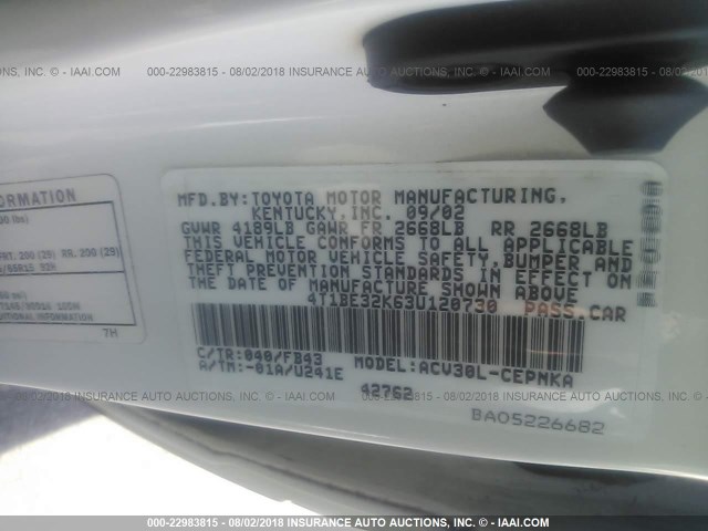 4T1BE32K63U120730 - 2003 TOYOTA CAMRY LE/XLE/SE 白色 照片 9