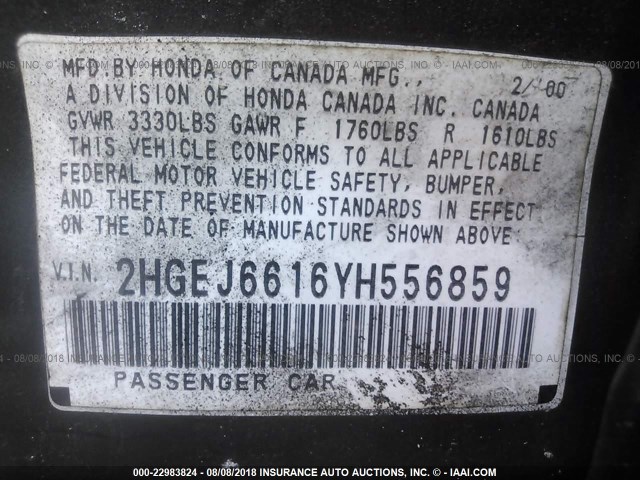 2HGEJ6616YH556859 - 2000 HONDA CIVIC SE BLACK photo 9