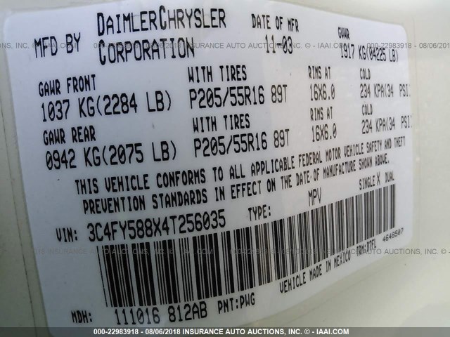 3C4FY588X4T256035 - 2004 CHRYSLER PT CRUISER TOURING 白色 照片 9