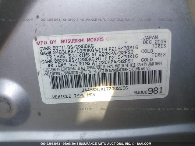 JA4MS31X17Z002056 - 2007 MITSUBISHI OUTLANDER ES/LS 银色 照片 9
