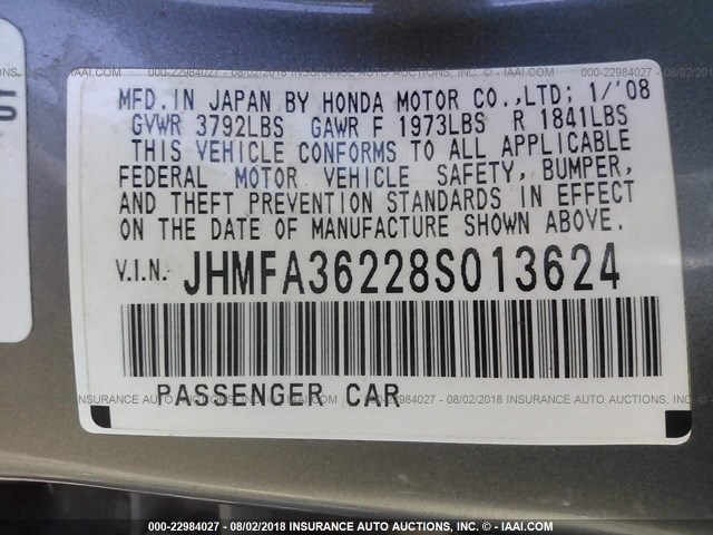 JHMFA36228S013624 - 2008 HONDA CIVIC HYBRID TAN photo 9