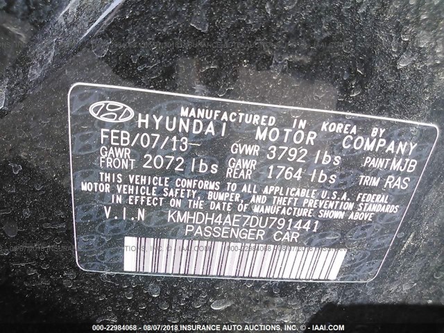 KMHDH4AE7DU791441 - 2013 HYUNDAI ELANTRA GLS/LIMITED BLACK photo 9