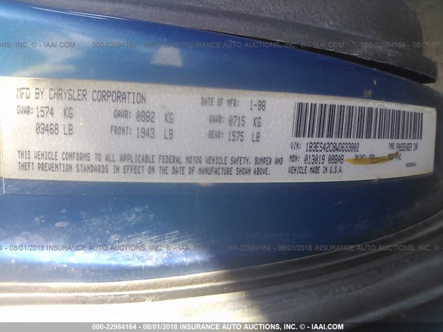 1B3ES42C8WD633802 - 1998 DODGE NEON HIGHLINE/SPORT/LE BLUE photo 9