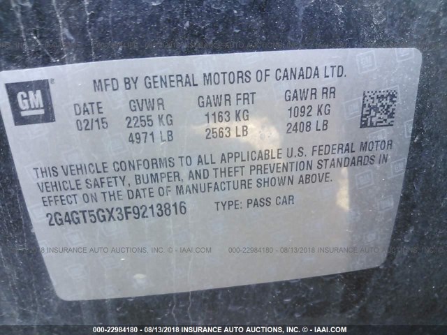 2G4GT5GX3F9213816 - 2015 BUICK REGAL GS Սև լուսանկար 9