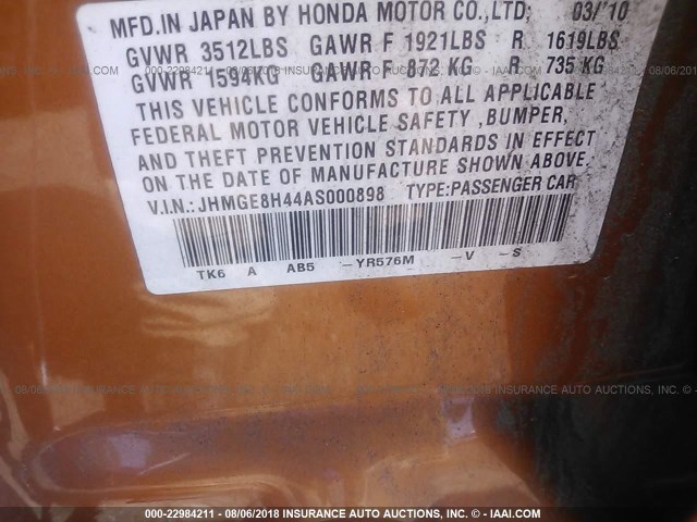 JHMGE8H44AS000898 - 2010 HONDA FIT SPORT ORANGE photo 9