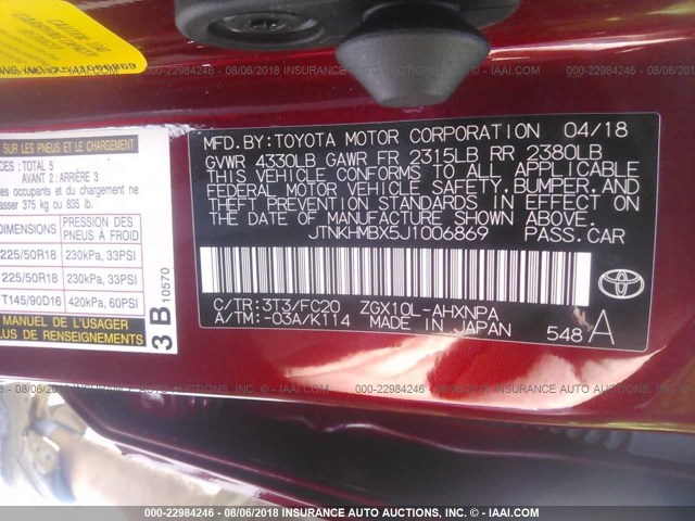 JTNKHMBX5J1006869 - 2018 TOYOTA C-HR XLE/XLE PREMIUM RED photo 9