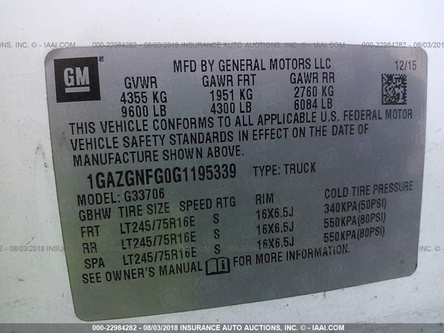 1GAZGNFG0G1195339 - 2016 CHEVROLET EXPRESS G3500 LS WHITE photo 9