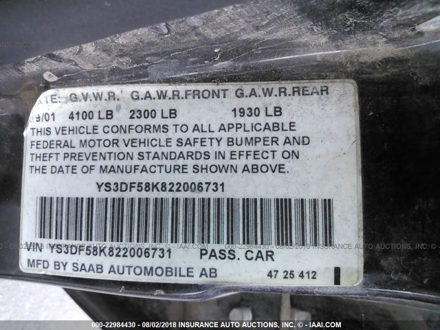 YS3DF58K822006731 - 2002 SAAB 9-3 SE BLACK photo 9