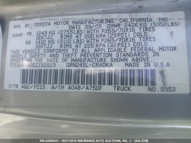 5TEUU42N66Z150919 - 2006 TOYOTA TACOMA ACCESS CAB Алтын фото 9