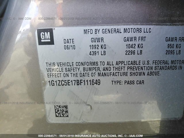 1G1ZC5E17BF111649 - 2011 CHEVROLET MALIBU 1LT ოქროსფერი ფოტო 9