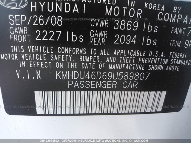 KMHDU46D69U589807 - 2009 HYUNDAI ELANTRA GLS/SE WHITE photo 9