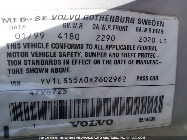 YV1LS55A0X2602962 - 1999 VOLVO S70 GRAY photo 9