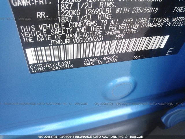 JTMDJREV0GD006231 - 2016 TOYOTA RAV4 HV LIMITED BLUE photo 9