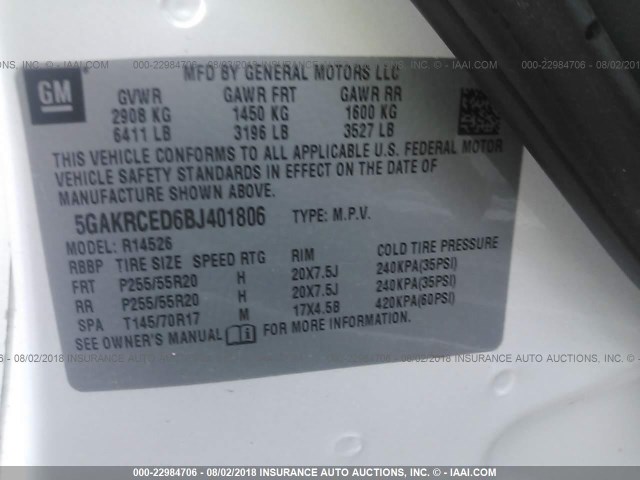 5GAKRCED6BJ401806 - 2011 BUICK ENCLAVE CXL CREAM photo 9