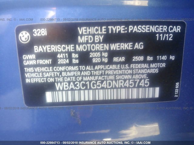 WBA3C1G54DNR45745 - 2013 BMW 328 I SULEV BLUE photo 9