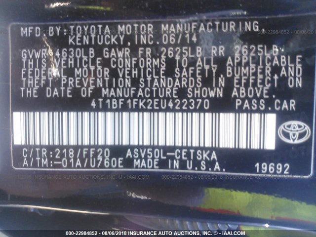 4T1BF1FK2EU422370 - 2014 TOYOTA CAMRY L/SE/LE/XLE 黑色 照片 9