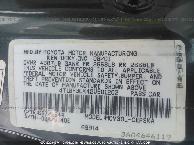 4T1BF30K42U501202 - 2002 TOYOTA CAMRY LE/XLE/SE Yaşıl foto 9