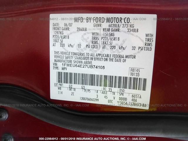 1FMEU64E27UB74105 - 2007 FORD EXPLORER EDDIE BAUER RED photo 9