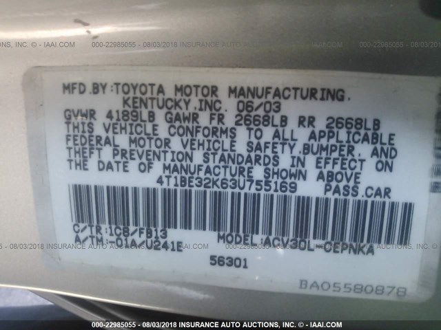 4T1BE32K63U755169 - 2003 TOYOTA CAMRY LE/XLE/SE Gümüş foto 9