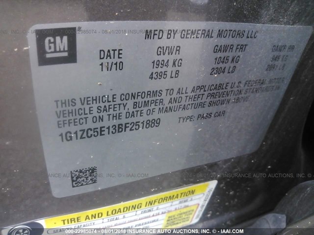 1G1ZC5E13BF251889 - 2011 CHEVROLET MALIBU 1LT GRAY photo 9