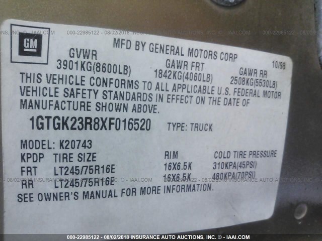 1GTGK23R8XF016520 - 1999 GMC SIERRA K2500 GOLD photo 9