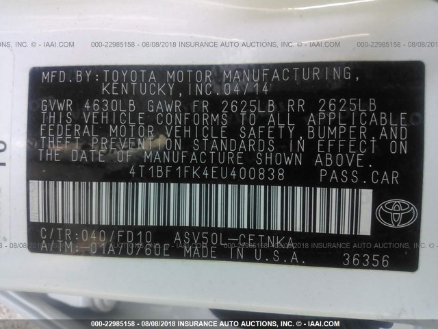 4T1BF1FK4EU400838 - 2014 TOYOTA CAMRY L/SE/LE/XLE 白色 照片 9