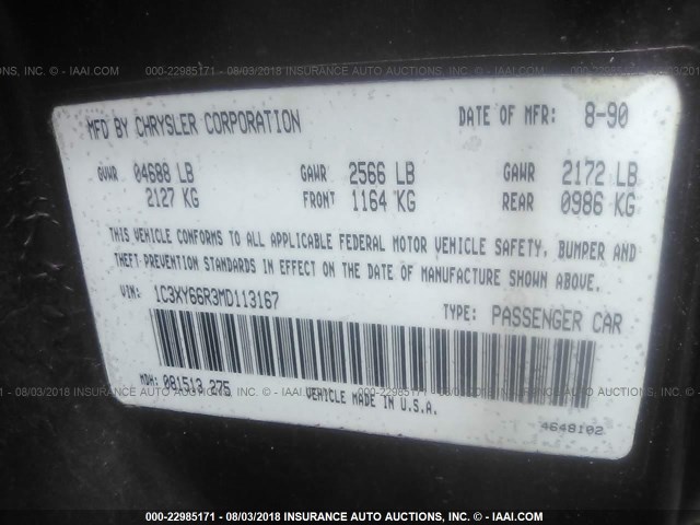 1C3XY66R3MD113167 - 1991 CHRYSLER NEW YORKER FIFTH AVENUE BURGUNDY photo 9