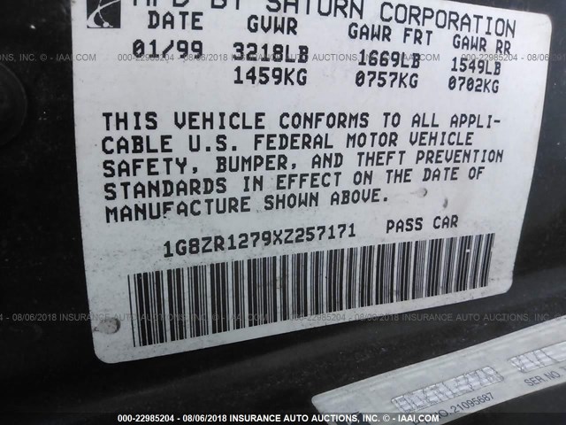 1G8ZR1279XZ257171 - 1999 SATURN SC2 BLUE photo 9