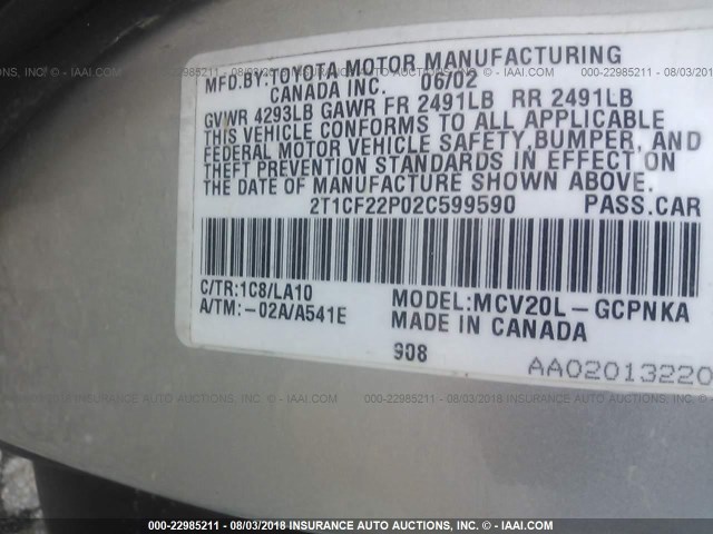 2T1CF22P02C599590 - 2002 TOYOTA CAMRY SOLARA SE/SLE Gümüş foto 9