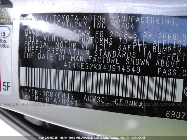 4T1BE32KX4U914549 - 2004 TOYOTA CAMRY LE/XLE/SE SILVER photo 9