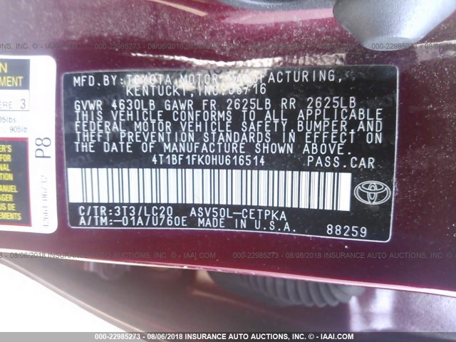 4T1BF1FK0HU616514 - 2017 TOYOTA CAMRY LE/XLE/SE/XSE MAROON photo 9