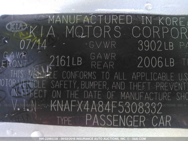 KNAFX4A84F5308332 - 2015 KIA FORTE EX SILVER photo 9
