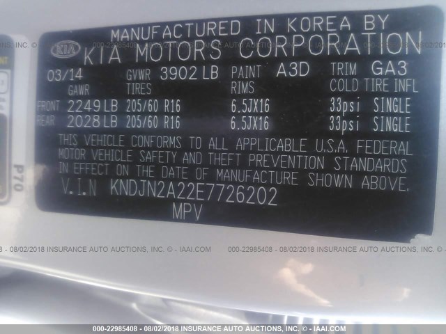 KNDJN2A22E7726202 - 2014 KIA SOUL SILVER photo 9