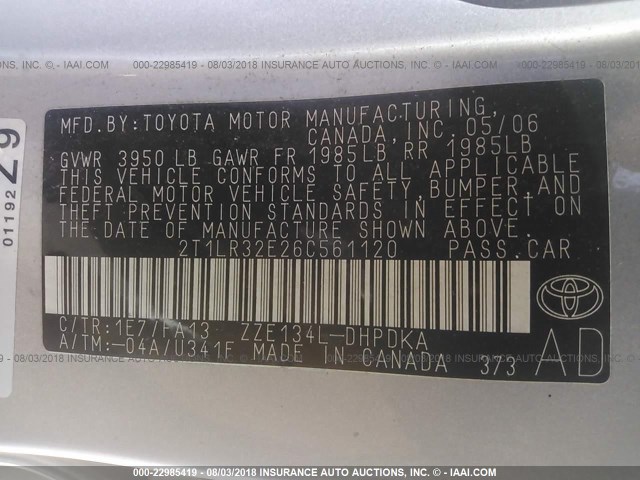2T1LR32E26C561120 - 2006 TOYOTA COROLLA MATRIX XR SILVER photo 9