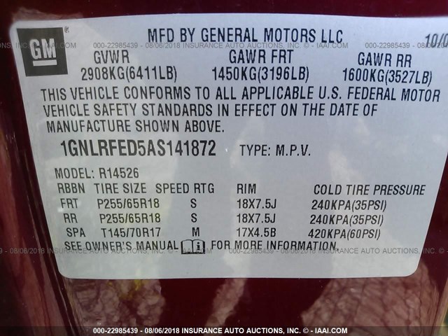 1GNLRFED5AS141872 - 2010 CHEVROLET TRAVERSE LT RED photo 9