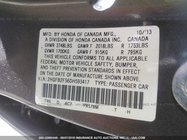 2HGFB2F56DH593417 - 2013 HONDA CIVIC LX 米色 照片 9