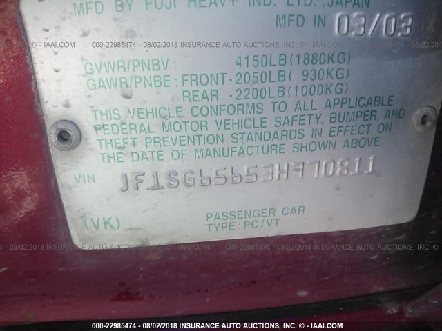 JF1SG65653H770811 - 2003 SUBARU FORESTER 2.5XS Қызыл фото 9