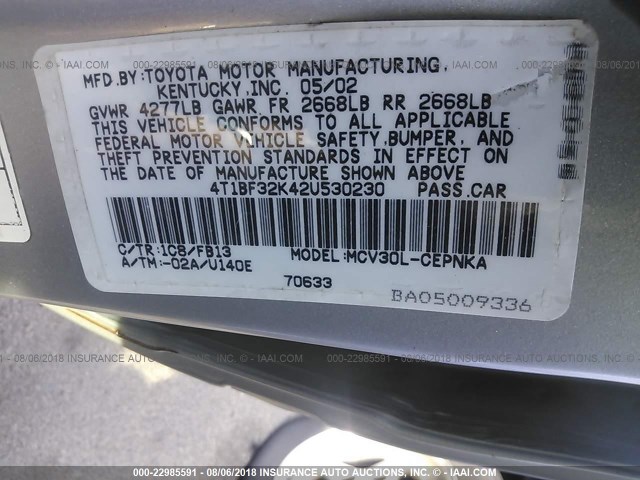 4T1BF32K42U530230 - 2002 TOYOTA CAMRY LE/XLE/SE Gümüş foto 9