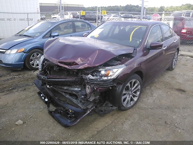 1HGCR2F50FA129359 - 2015 HONDA ACCORD SPORT MAROON photo 2