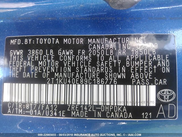 2T1KU40E89C186776 - 2009 TOYOTA COROLLA MATRIX  BLUE photo 9