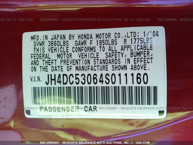JH4DC53064S011160 - 2004 ACURA RSX TYPE-S RED photo 9