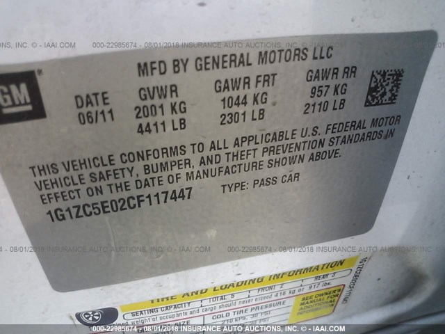 1G1ZC5E02CF117447 - 2012 CHEVROLET MALIBU 1LT WHITE photo 9