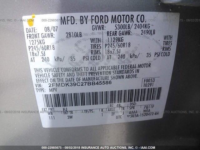 2FMDK39C27BB45586 - 2007 FORD EDGE SEL PLUS SILVER photo 9