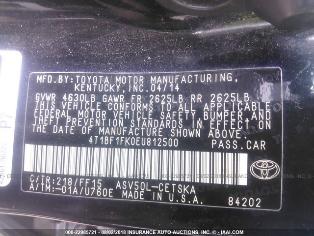 4T1BF1FK0EU812500 - 2014 TOYOTA CAMRY L/SE/LE/XLE Qara foto 9
